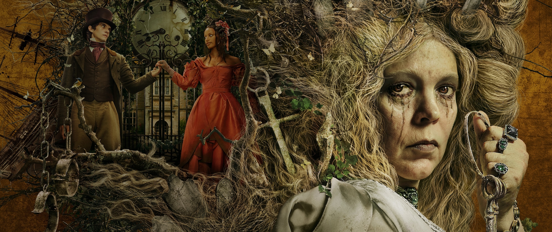 Pip and Estella holding hands in front of a clock to the left while Miss Havisham grasps a pair of keys to the right