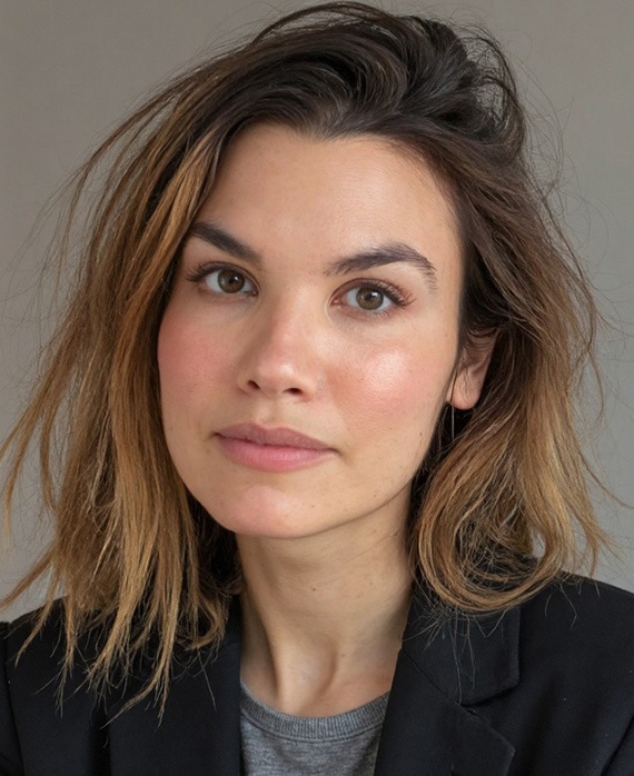 Headshot of executive producer Vanessa McGee, wearing a black suit over a grey heathered top.