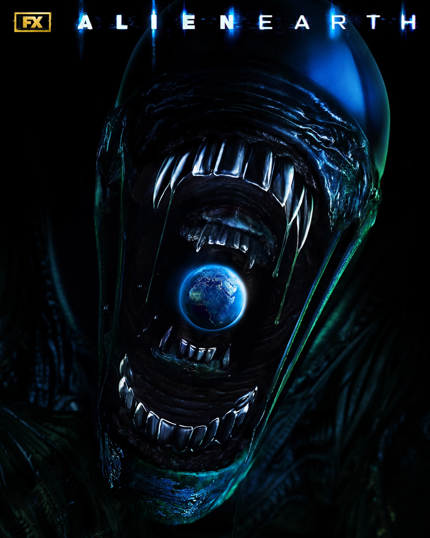 Close up of a xenomorph with its mouth open and a small Earth inside