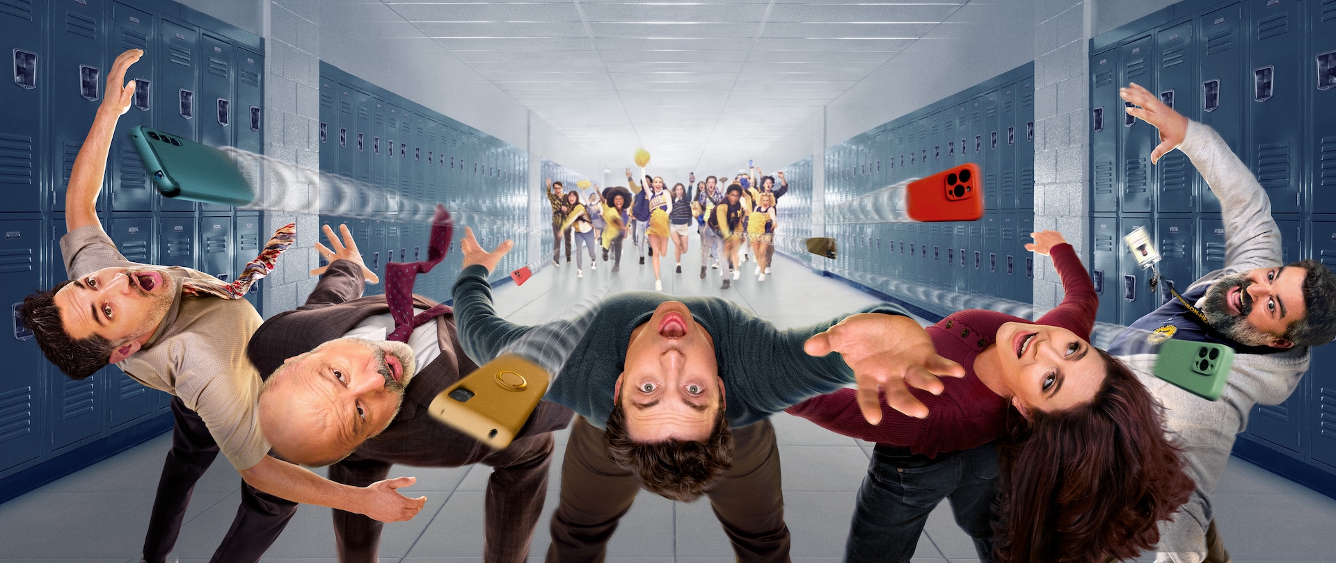5 teachers from FX's English Teacher bent over backwards with students throwing phones at them.