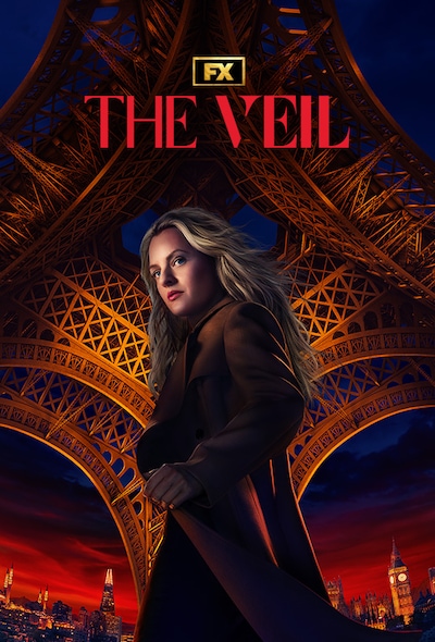 Imogen Salter standing under the Eiffel Tower lit up at night with The Veil title in red at the top.