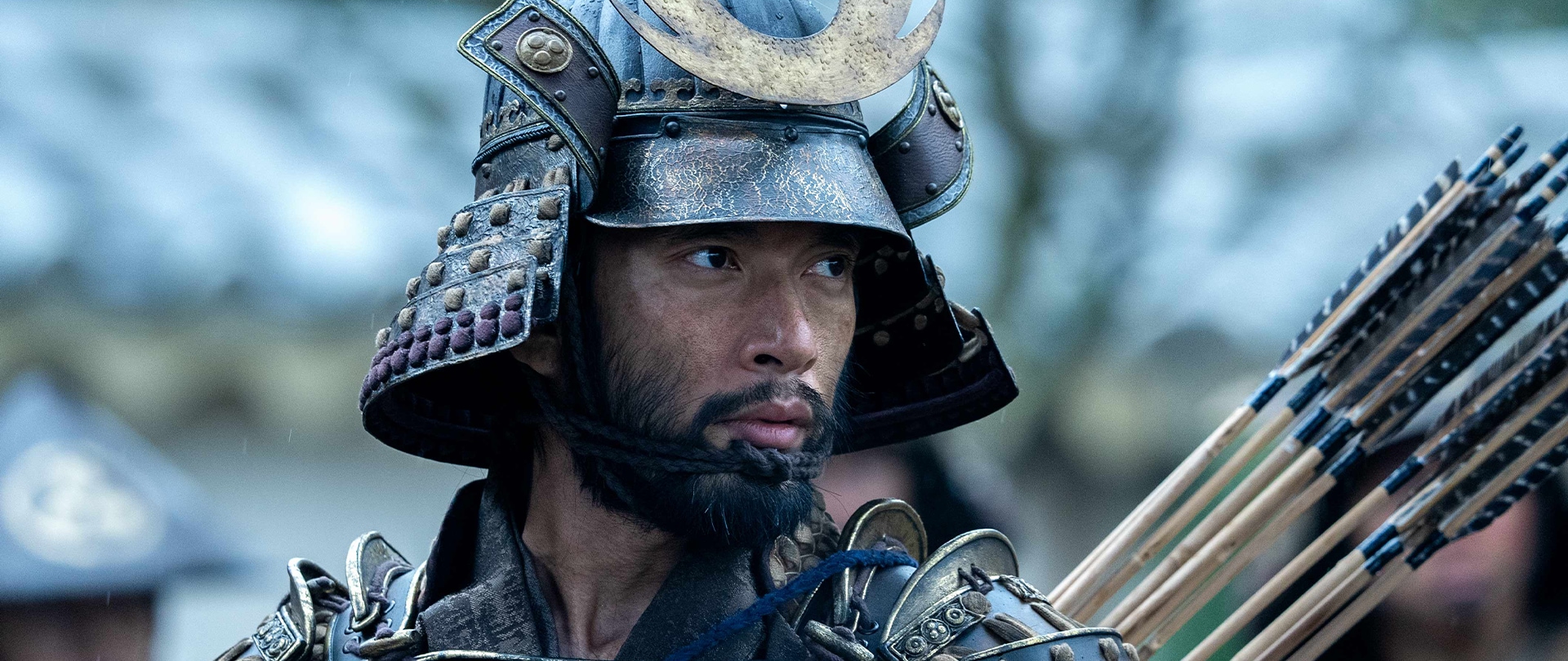 Close up of Buntaro in full armor with a quiver of arrows behind him in FX’s Shogun