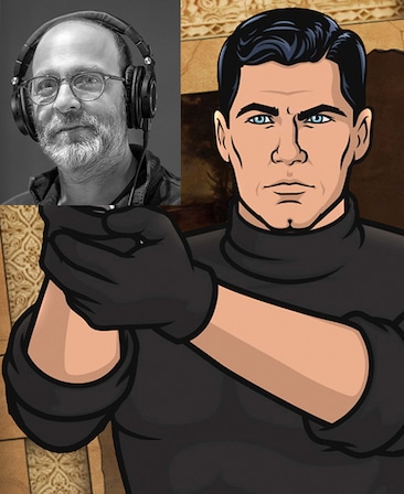 Sterling Archer in black shirt and gloves with hands clasped with black and white headshot of H. Jon Benjamin in upper left