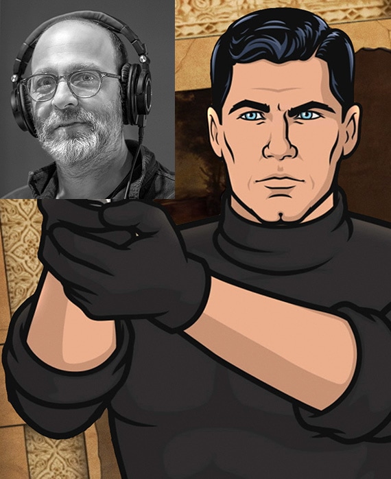 Sterling Archer in black shirt and gloves with hands clasped with black and white headshot of H. Jon Benjamin in upper left