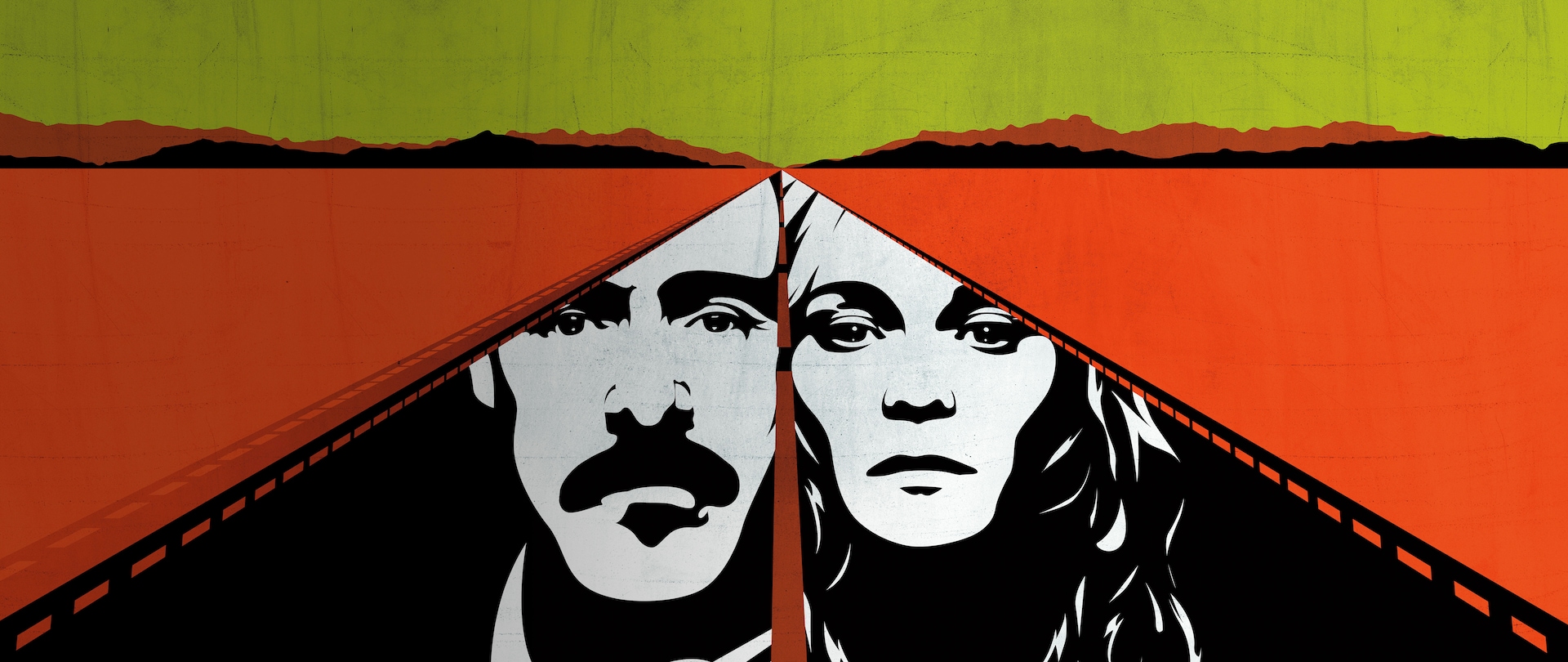 Black and white 2D faces of a man and a woman imposed over a road heading into a sunset with orange desert landscape