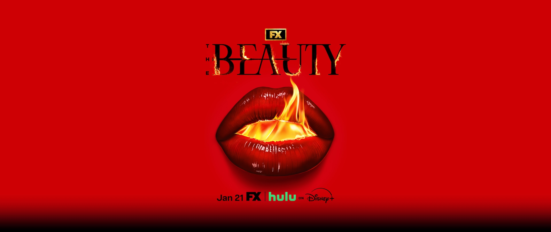 Dark red open lips with a yellow flame emerging on the side surrounded by a bright red background