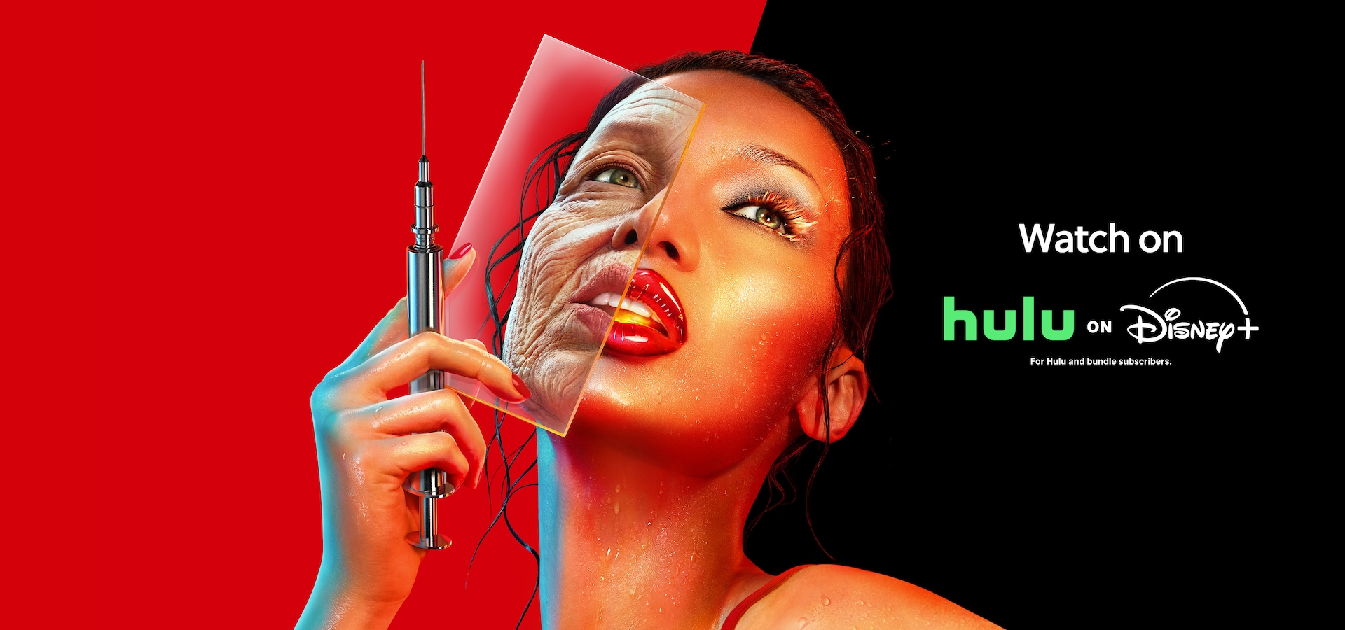 Bella Hadid holding a syringe and glass pane over her face.