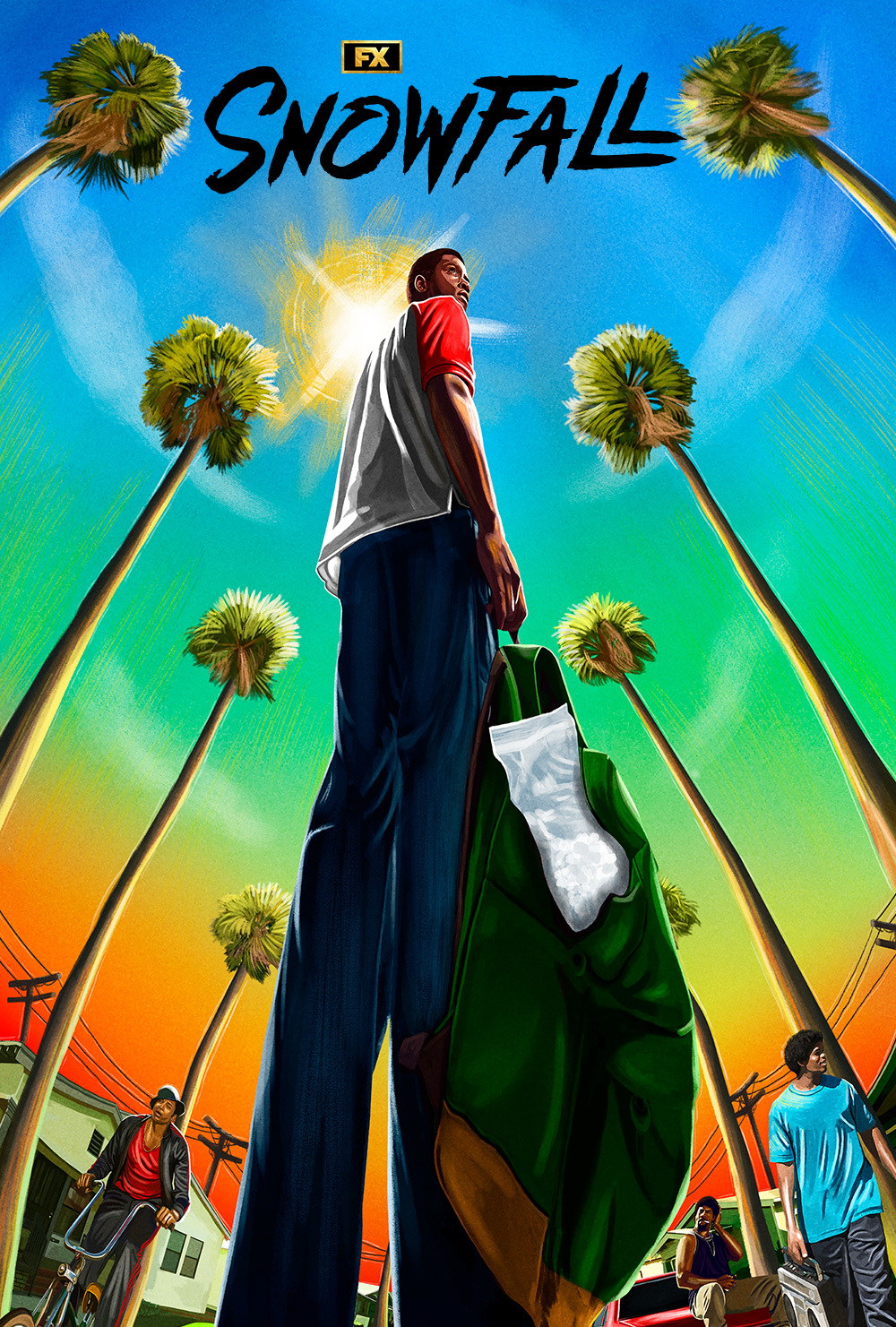 Franklin Saint standing with palm trees and blue green and orange sky in the background