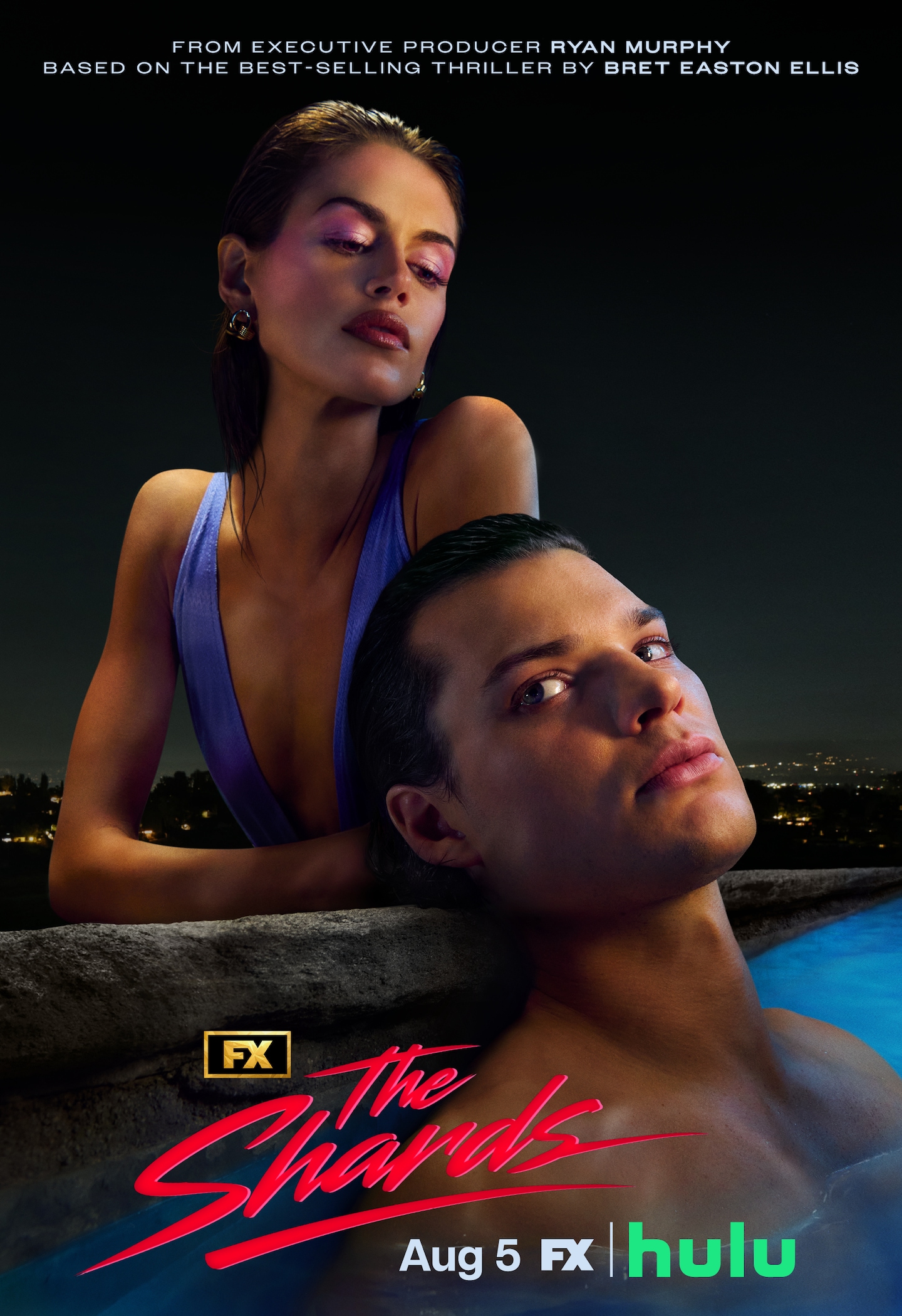 FX's The Shards Homer Gere and Kaia Gerber, wearing a purple swimsuit looking over him above the edge of the pool.