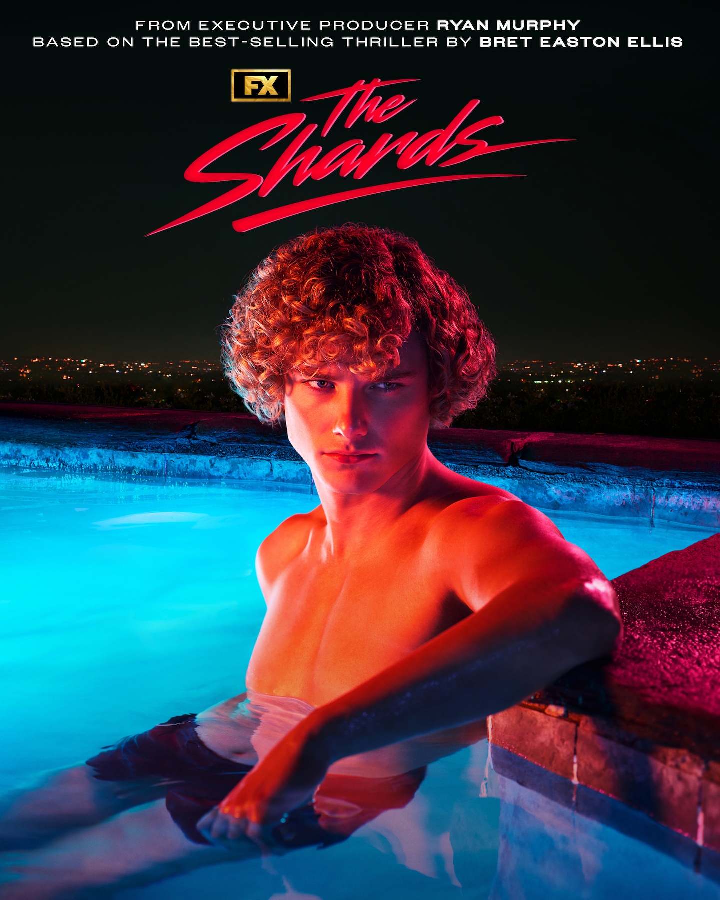 FX's The Shards Graham Campbell in swimsuit trunks, in a pool at night lit with red lighting.