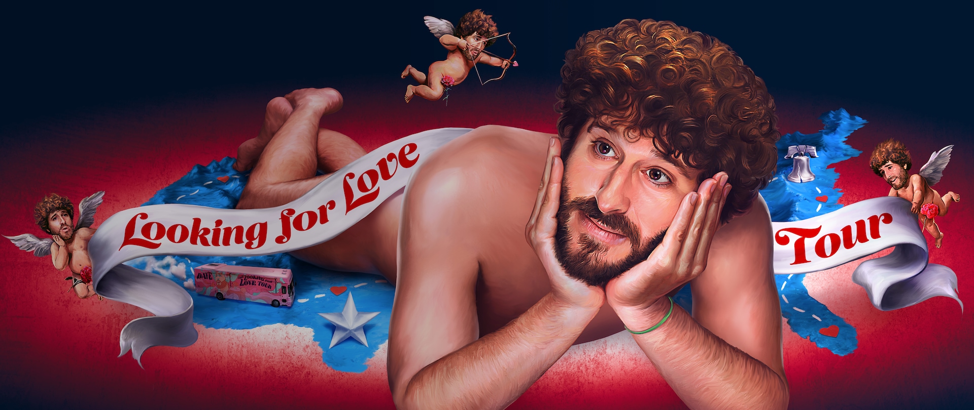 Dave Burd lying on a 2D map of the U.S. with a white banner held by cherubs that reads "Looking for Love Tour"
