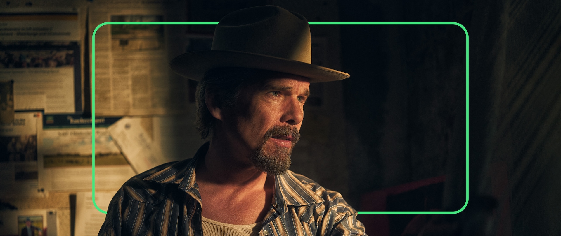 Close up of Ethan Hawke with a green Hulu outline.