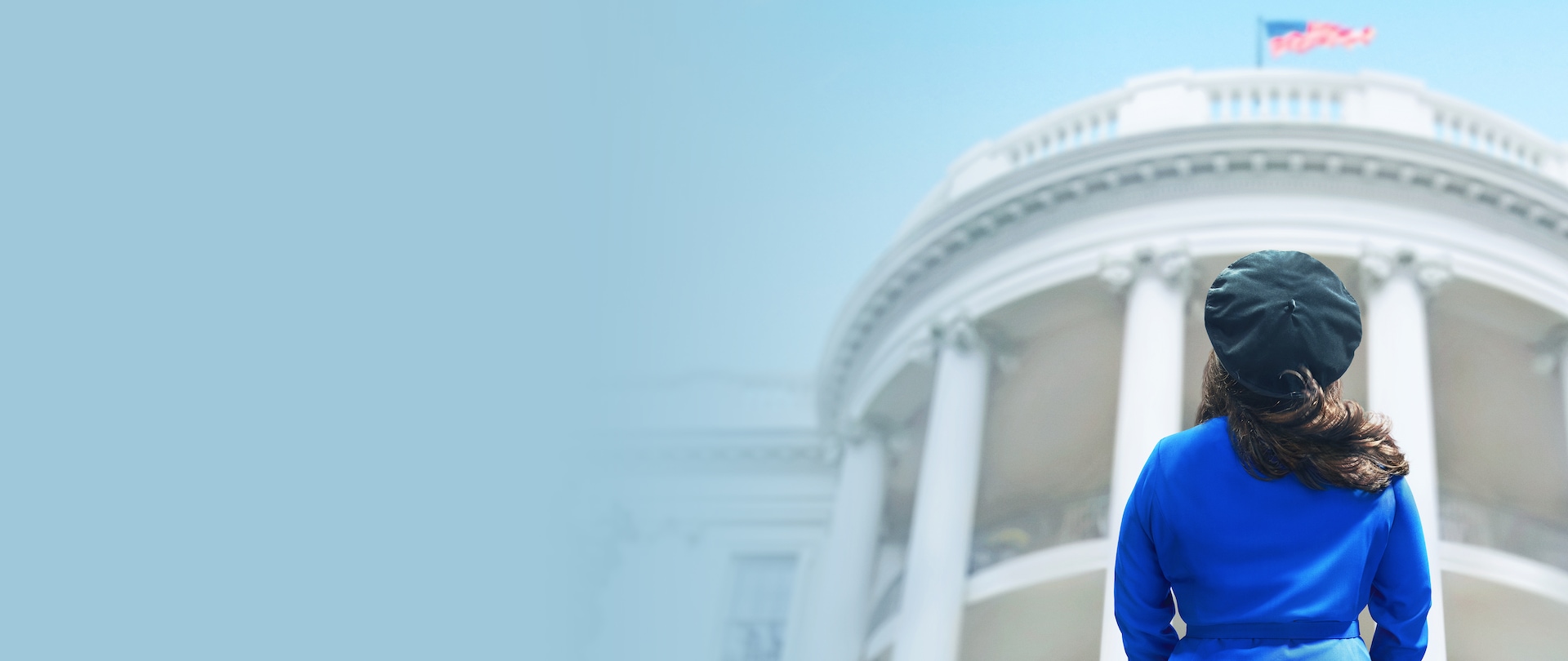 Back of actress playing Monica Lewinsky facing the White House's Blue Room exterior for FX's American Crime Story:Impeachment