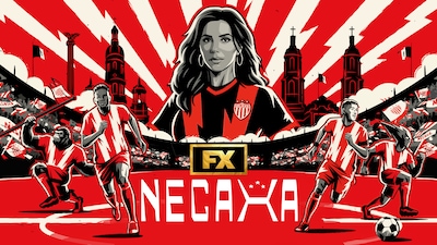 Eva Longoria drawn above the players of Club Necaxa running on the pitch surrounded by white lightening bolts.