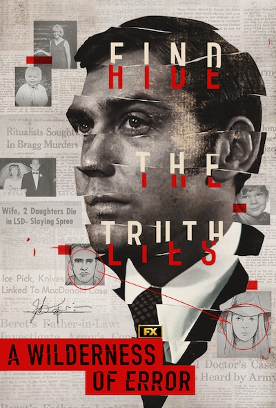 Ripped paper strips depicting man's head with newspaper clippings behind and mugshots circled for FX's A Wilderness of Error