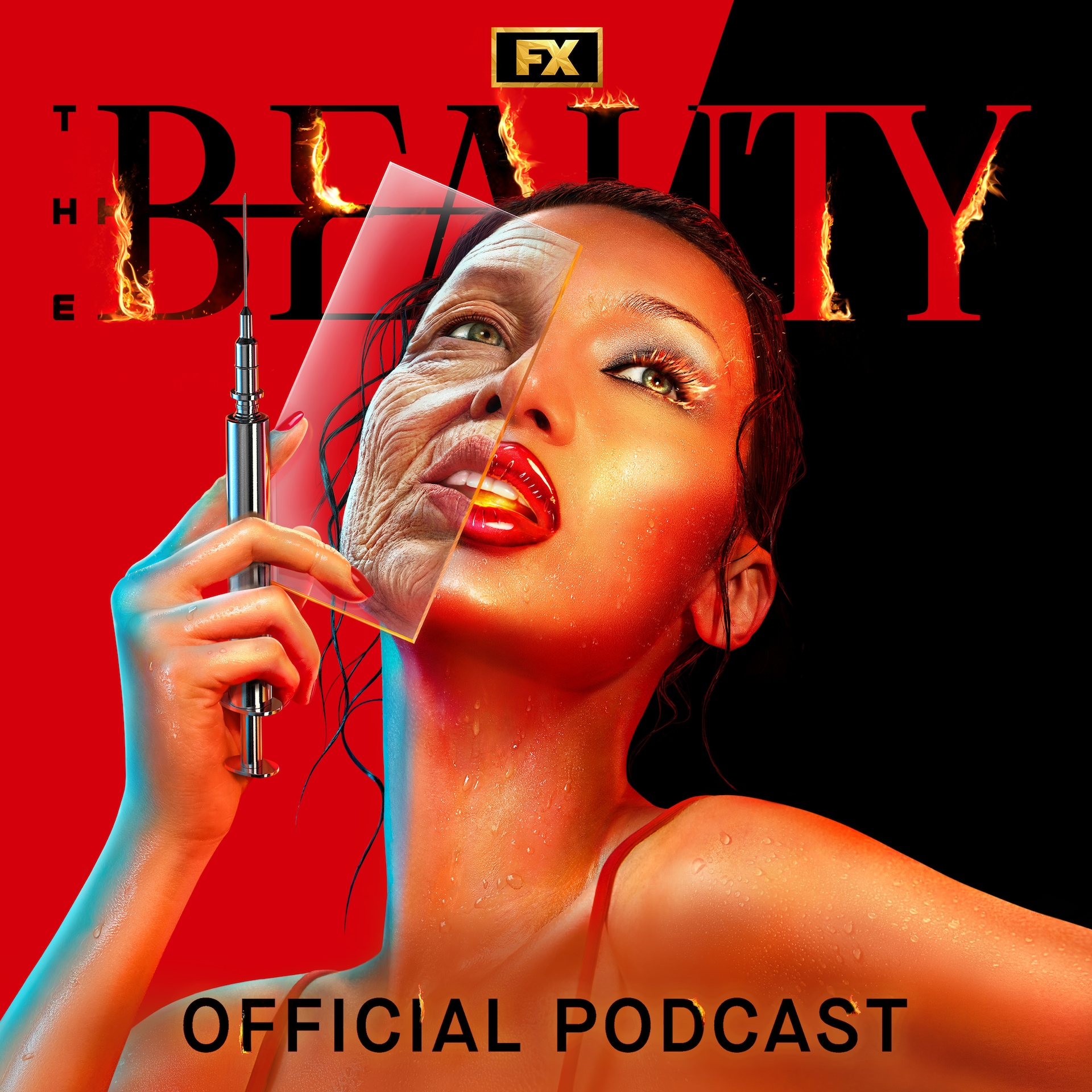 Bella Hadid holding a syringe and glass pane over her face.