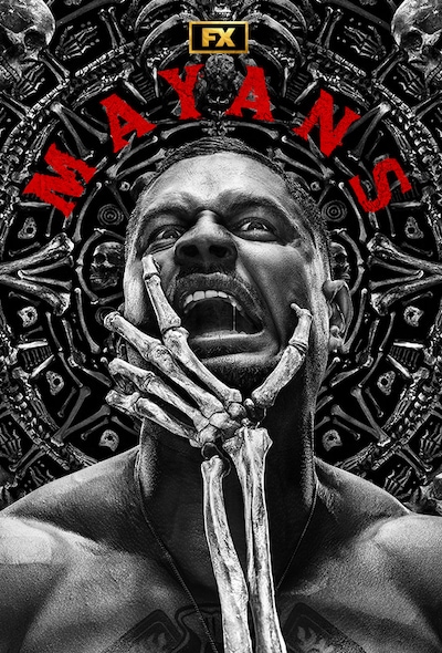 JD Pardo with mouth open and a skeleton hand grabbing his face for FX's Mayans