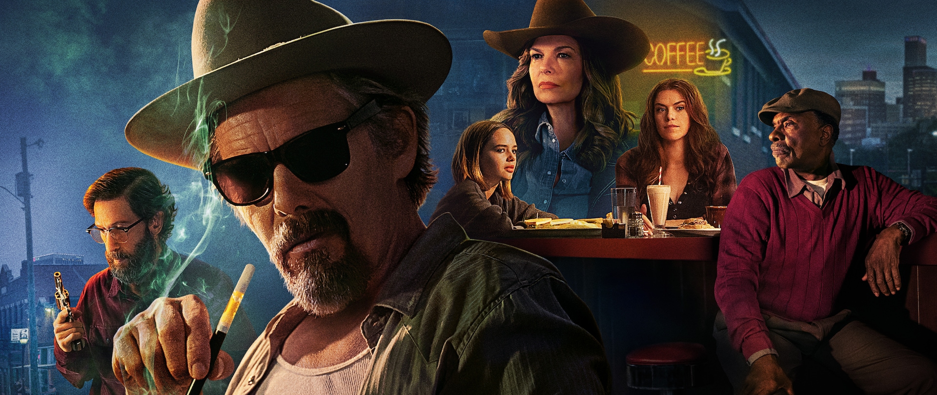 Cast of the Lowdown with several sitting around a diner table and a city at dusk in the background. 