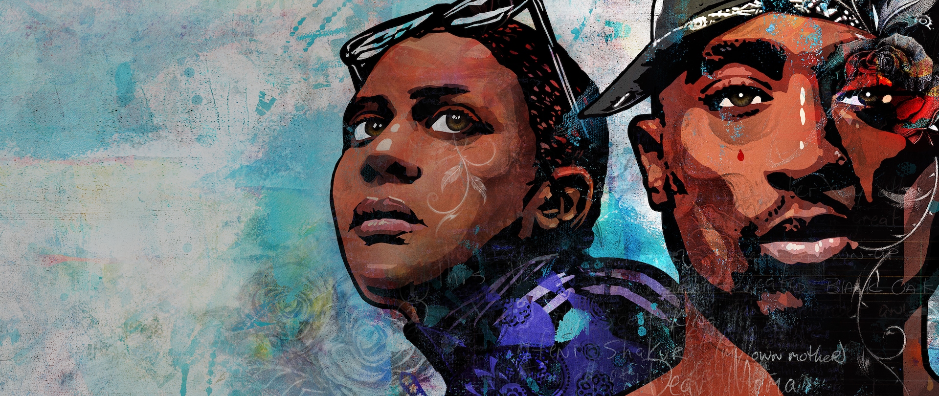 Drawn portraits of Afeni and Tupac Shakur with light blue background for FX documentary Dear Mama