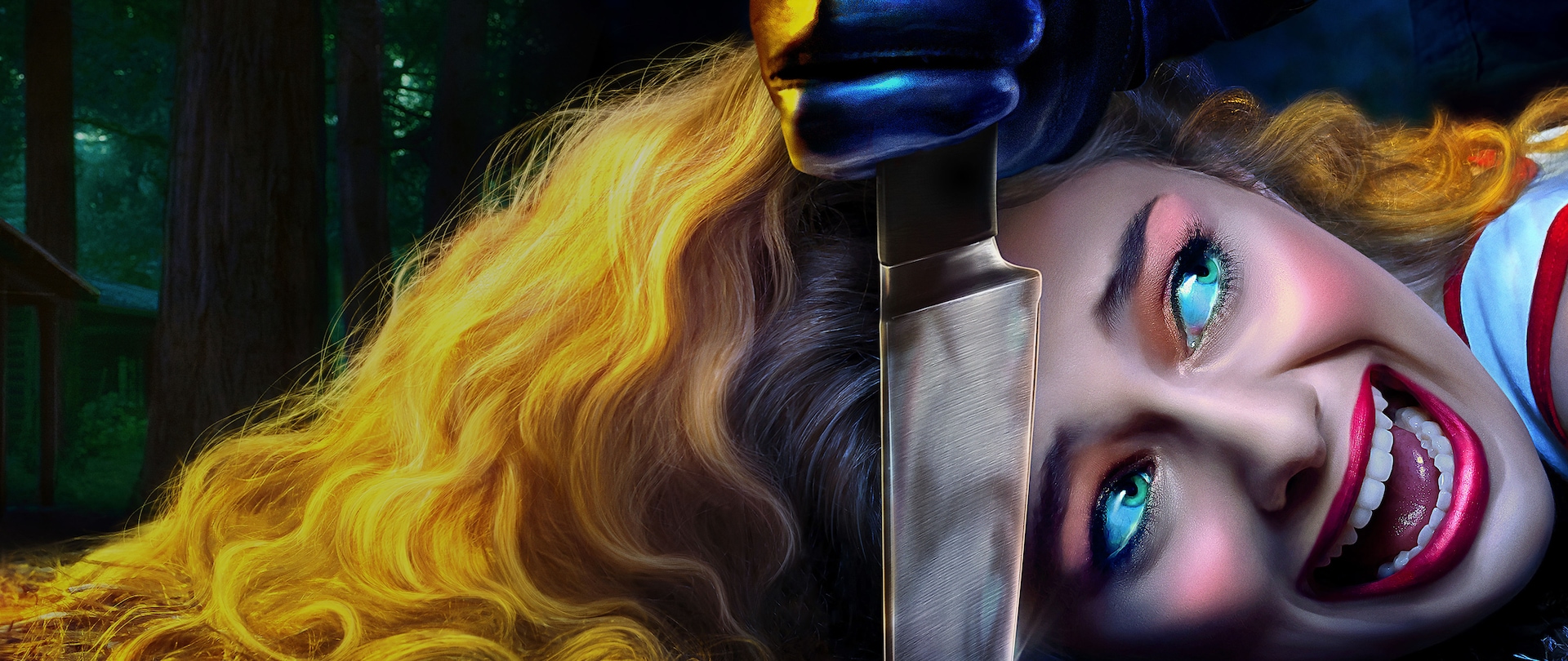 Dark forest with blonde haired woman with 80s makeup lying on the ground screaming with knife stabbed in ground near her head