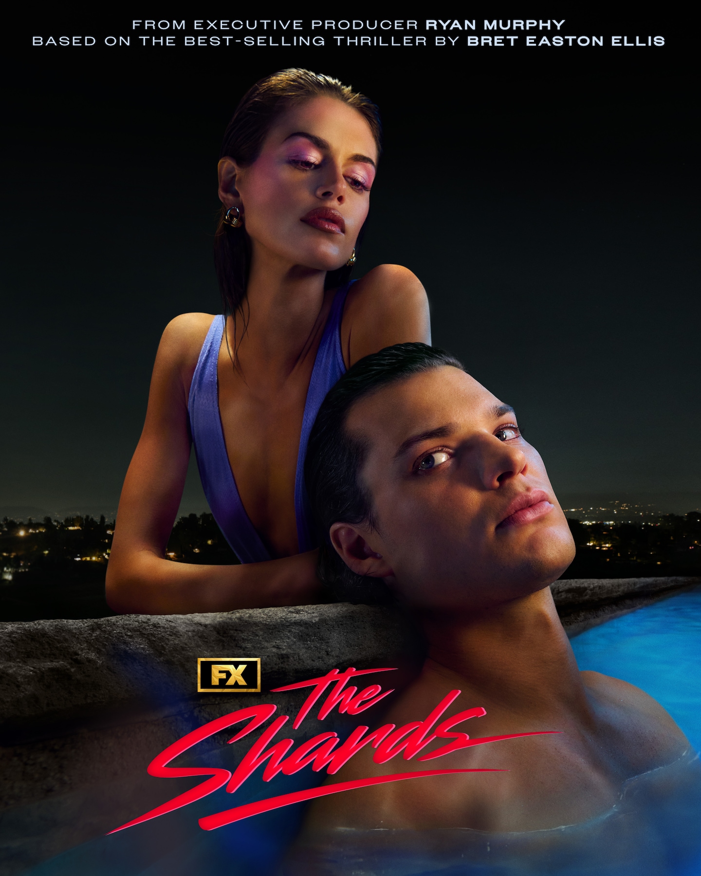 FX's The Shards Homer Gere and Kaia Gerber, wearing a purple swimsuit looking over him above the edge of the pool.