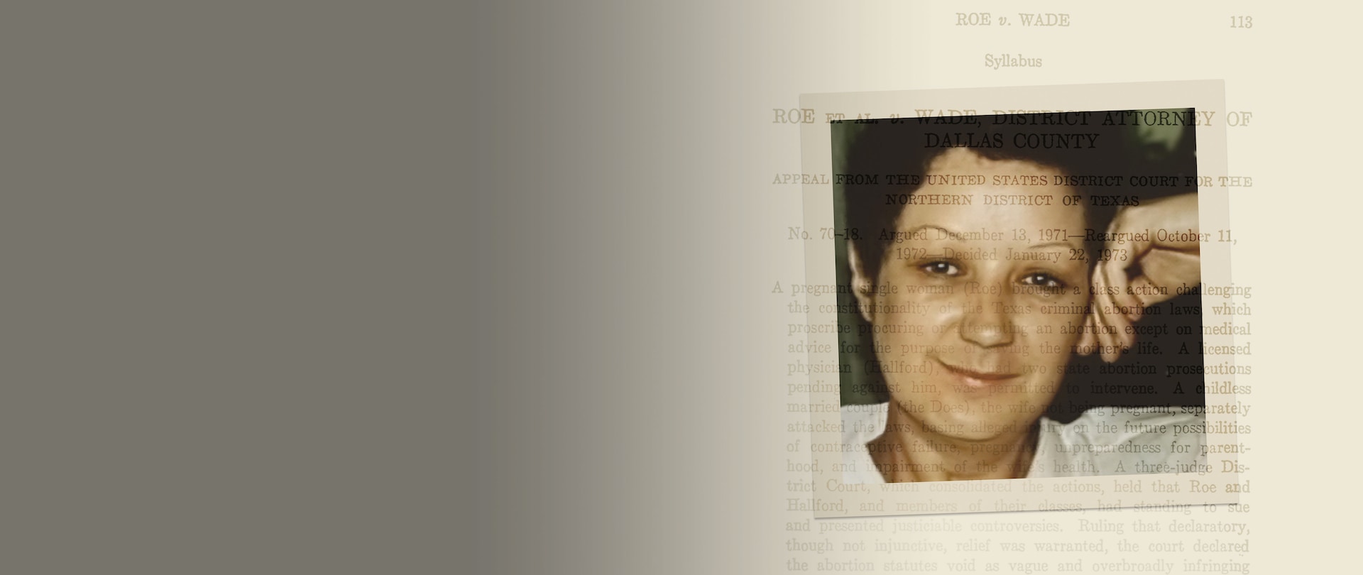 Polaroid image of Norma McCorvey overlay with Roe v Wade court text syllabus behind for FX's AKA Jane Roe