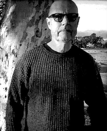 Kem Nunn headshot with a black and while polka dot effect overlay