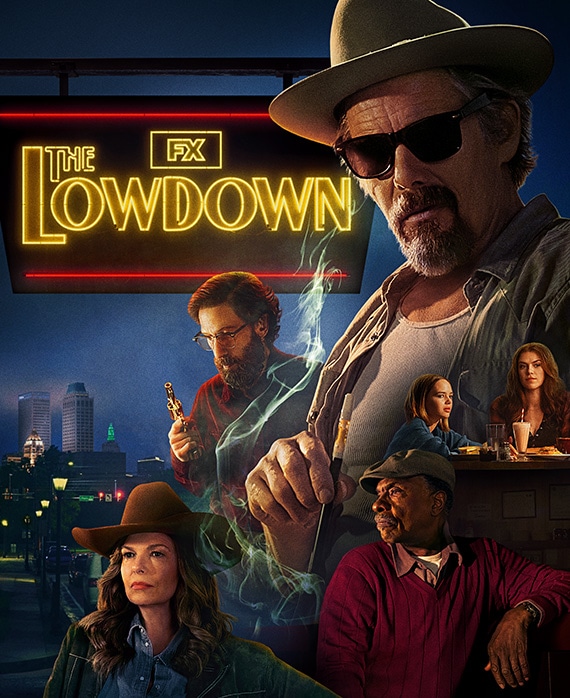 Cast of the Lowdown with several sitting around a diner table and a city at dusk in the background.