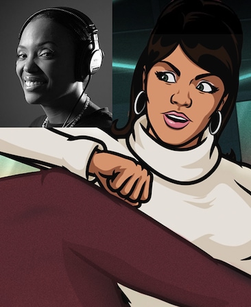 Lana Kane in white turtleneck with elbow stretched out with black and white headshot of Aisha Tyler in upper left