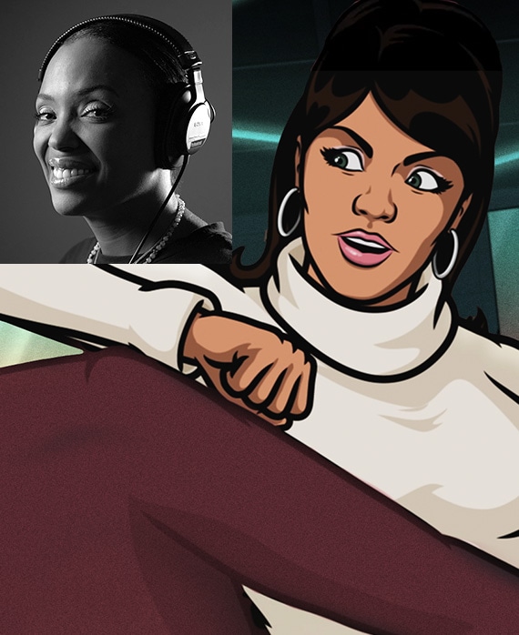 Lana Kane in white turtleneck with elbow stretched out with black and white headshot of Aisha Tyler in upper left