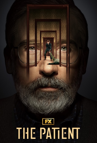 Steve Carell's face with Domhnall Gleeson dragging a man's body down the hallway of Endless Doors for FX's The Patient