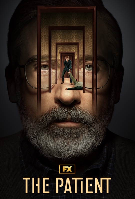 Steve Carell's face with Domhnall Gleeson dragging a man's body down the hallway of Endless Doors for FX's The Patient