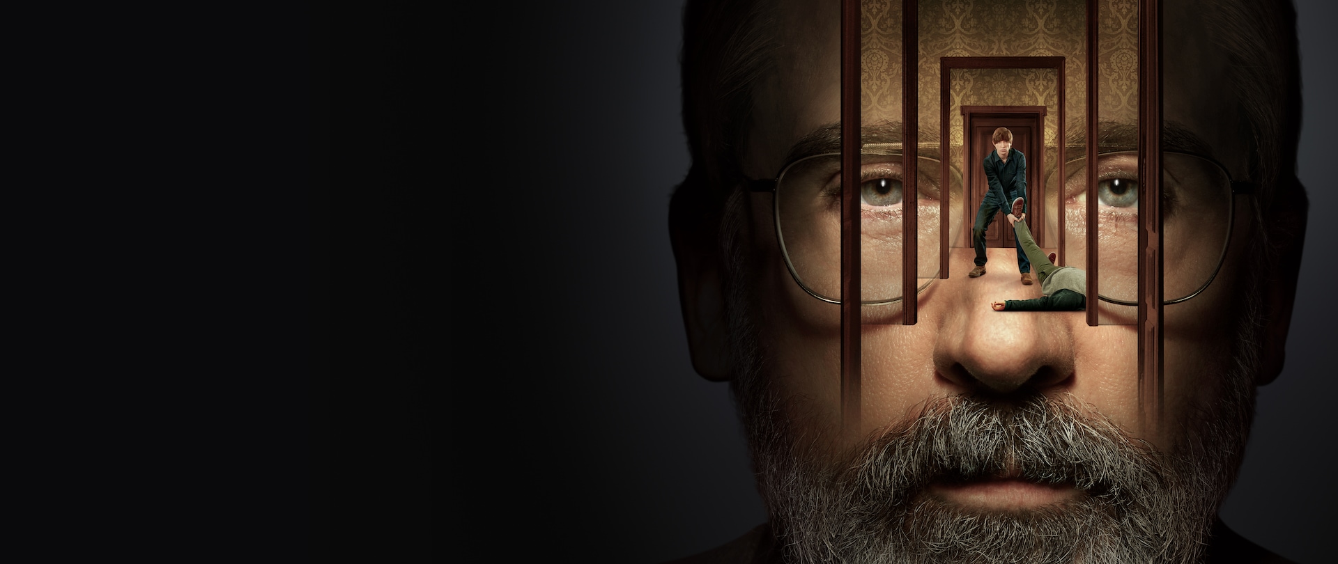 Steve Carell's face with Domhnall Gleeson dragging a man's body down the hallway of Endless Doors for FX's The Patient