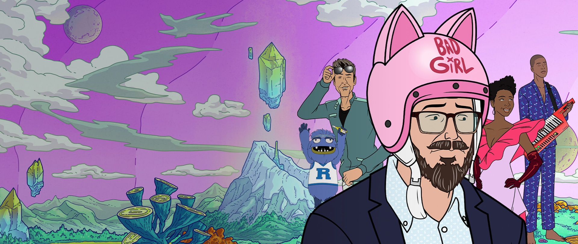 John Hunchman wearing a pink cat-eared helmet and blue suit in the foreground with animated characters on a hill in a fantasy