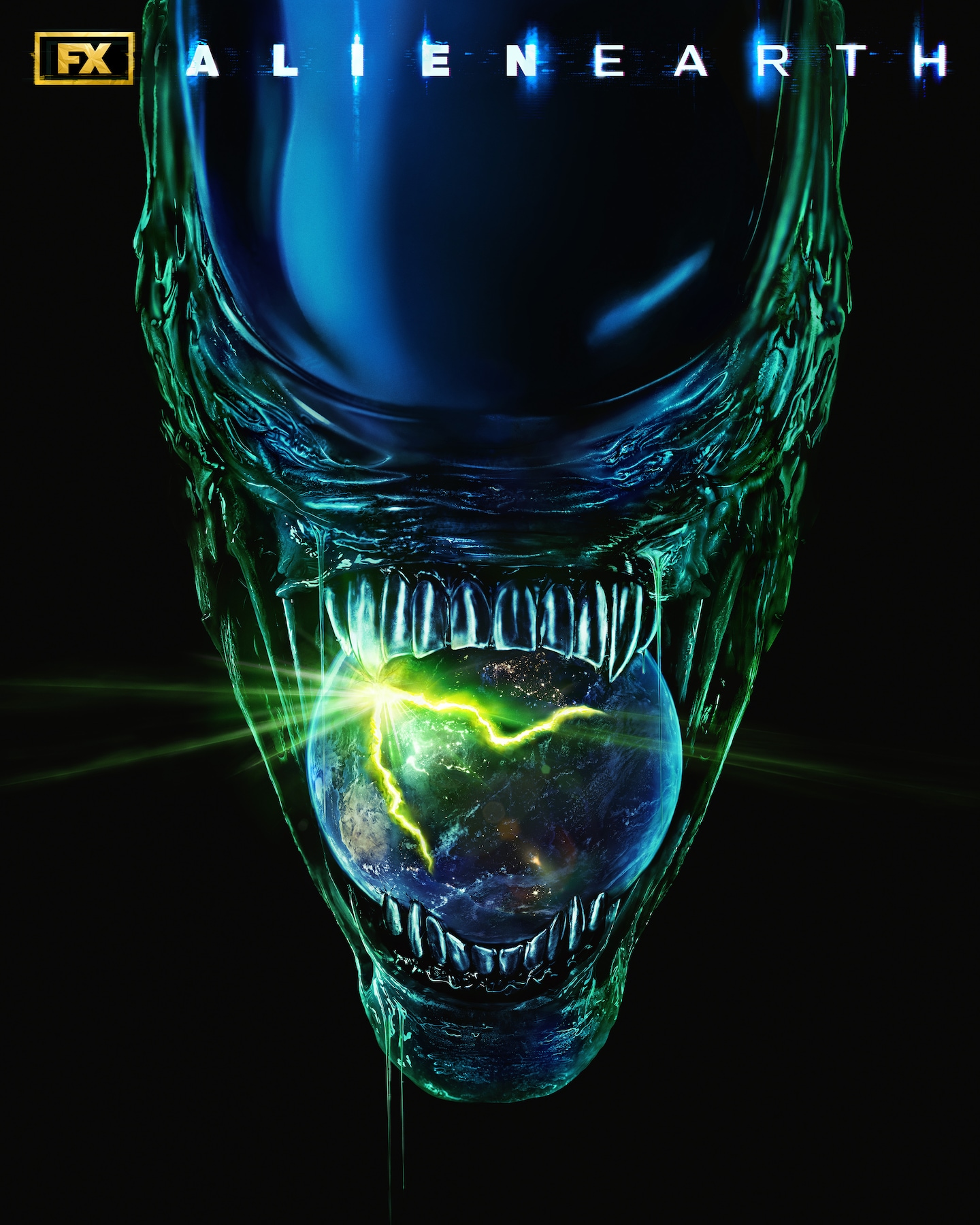 A Xenomorph biting down on an Earth with a green glowing crack.
