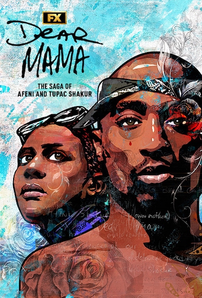 Drawn portraits of Afeni and Tupac Shakur with light blue background for FX documentary Dear Mama