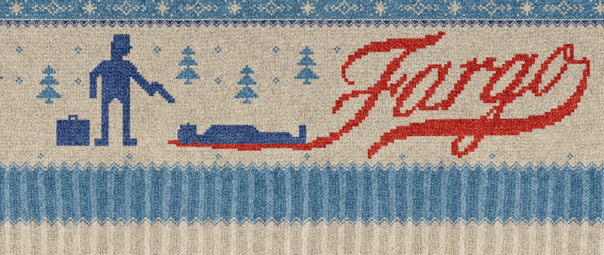 Blue and white knitted blanket with dark blue person by light blue pine trees holding a gun toward a dark blue body on ground