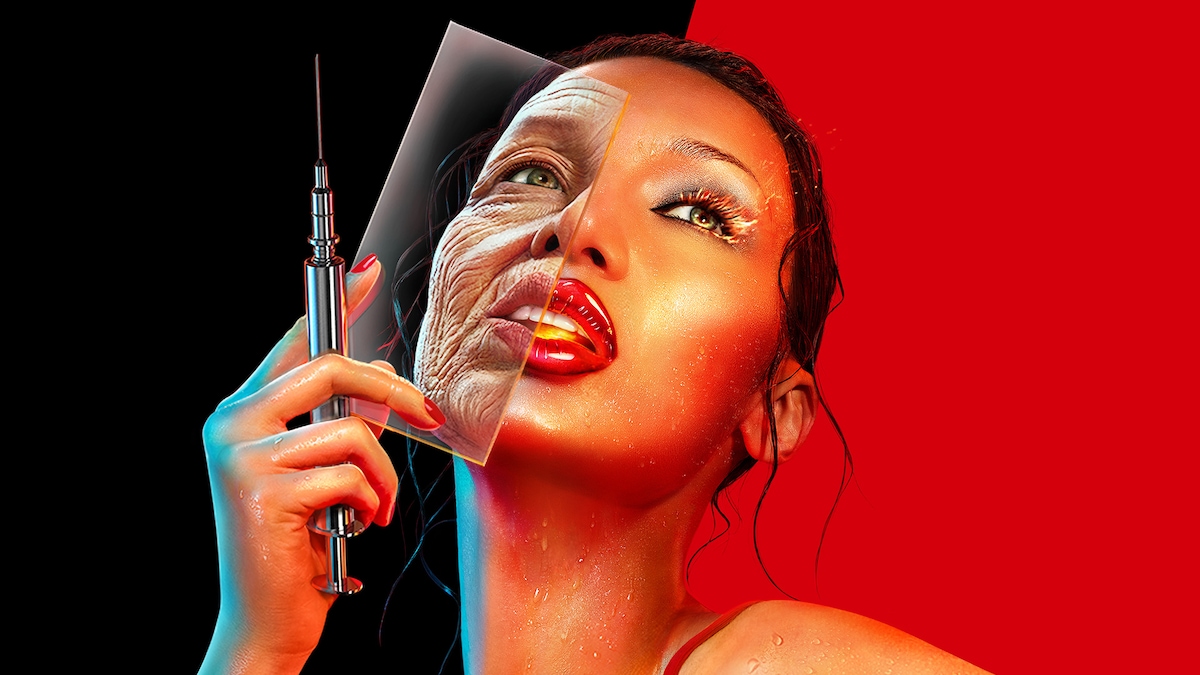 Bella Hadid holding a syringe and glass pane over her face.