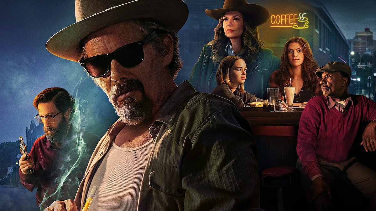 Cast of the Lowdown with several sitting around a diner table and a city at dusk in the background. 