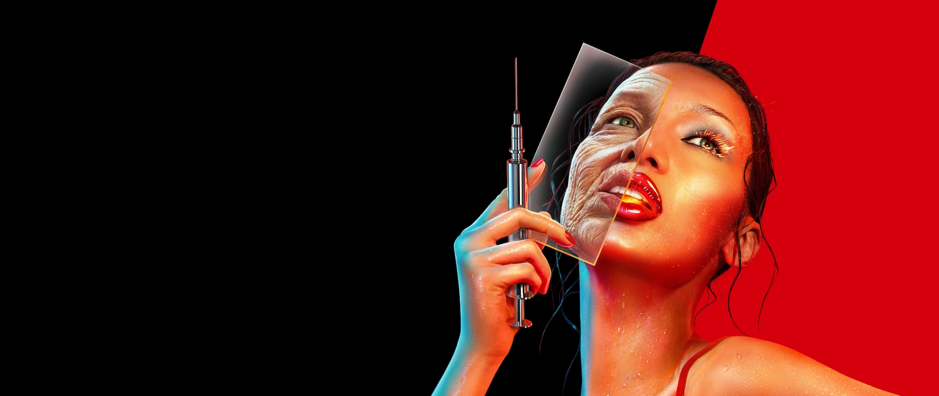 Bella Hadid holding a syringe and glass pane over her face.