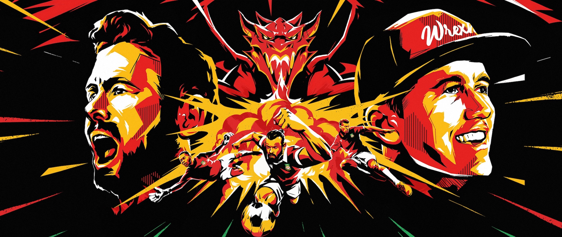 Ryan and Rob's cartoon heads floating with a soccer player and dragon in the background