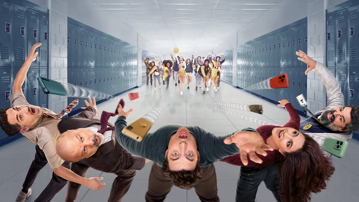 5 teachers from FX's English Teacher bent over backwards with students throwing phones at them.