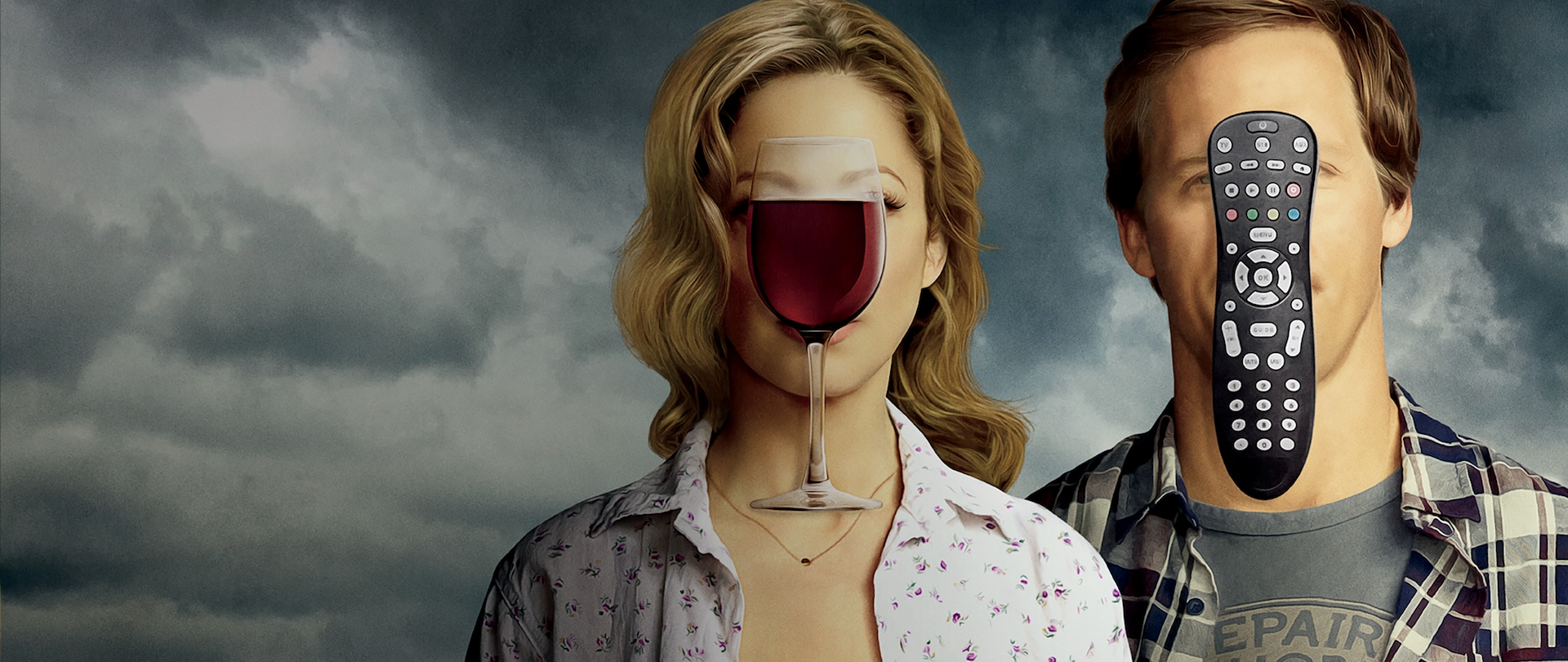 Woman with a wine glass in front of her face next to a man with a remote control in front of his face for FX's Married
