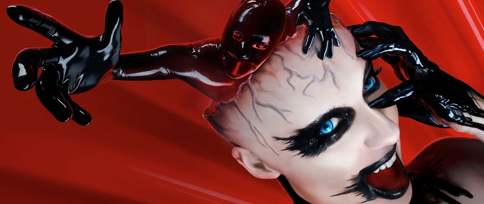 Rubber Man climbing out a woman's head who has heavy black eye and lip makeup and hand covered in dripping black paint