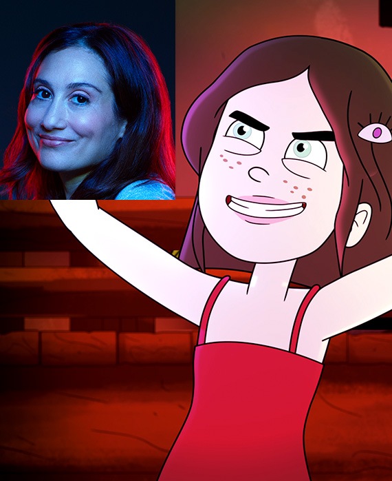 Animated character Chrissy Feinberg wearing a red dress with arms up and headshot of Lucy DeVito top left corner