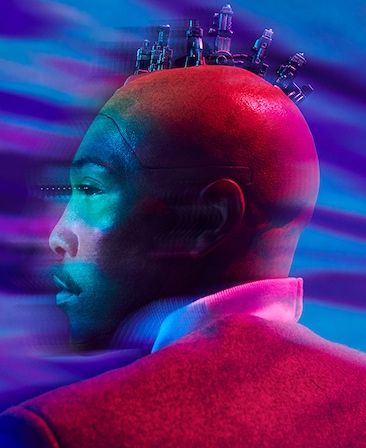 Jeremie Harris headshot with back turned, looking to side with silver machinery parts sticking out of scalp with neon filter
