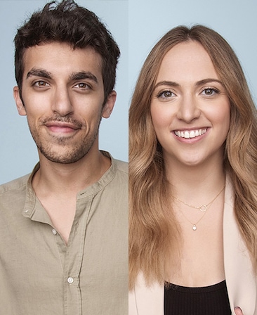 Combined headshots of executive producers Ben Kronengold and Rebecca Shaw, wearing beige shirts with a blue background.
