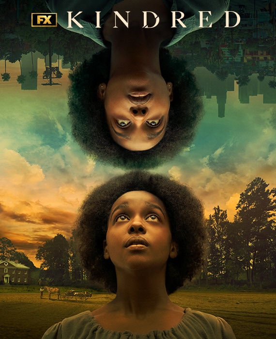 Vertically mirrored image with Dana James dressed in different attire on each side based on the time period for FX's Kindred
