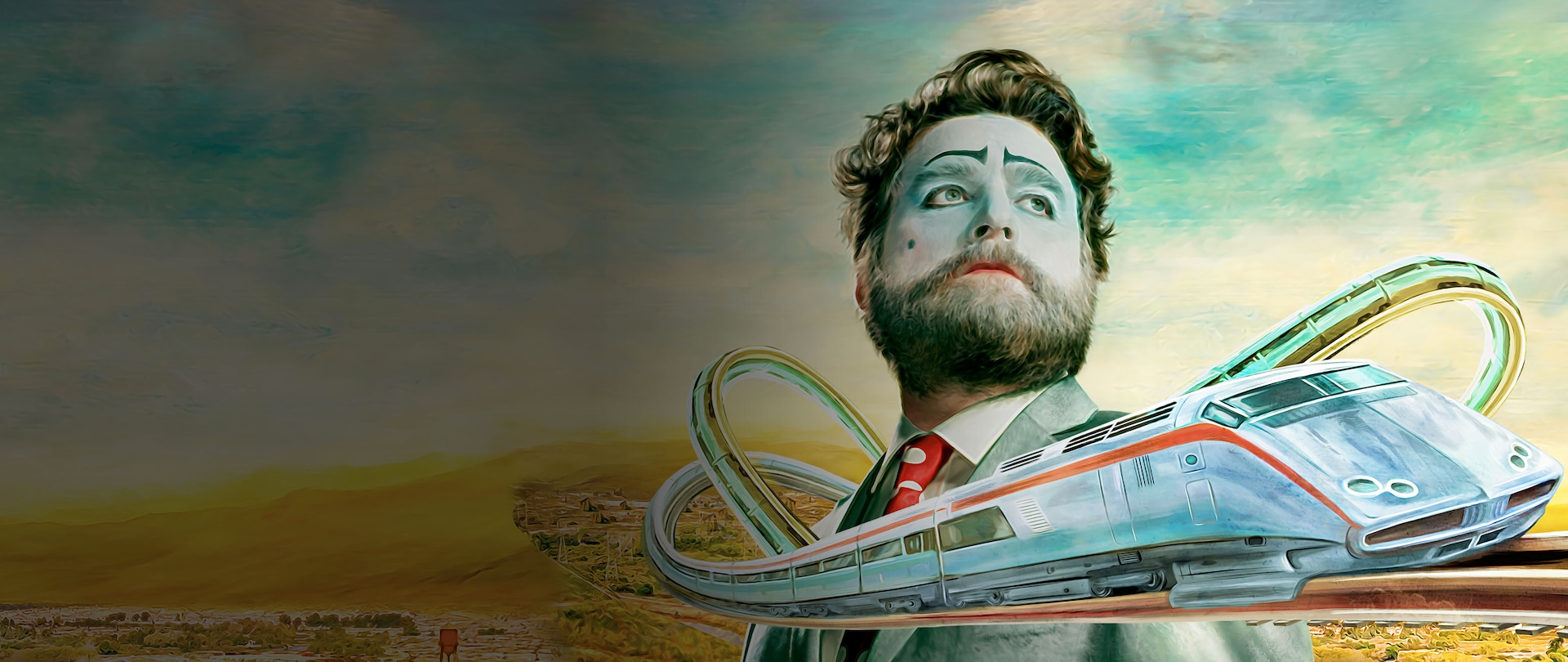 French clown Chip Baskets in a grey suit with Metrorail wrapped around him surrounded by clouds in blue sky above Bakersfield