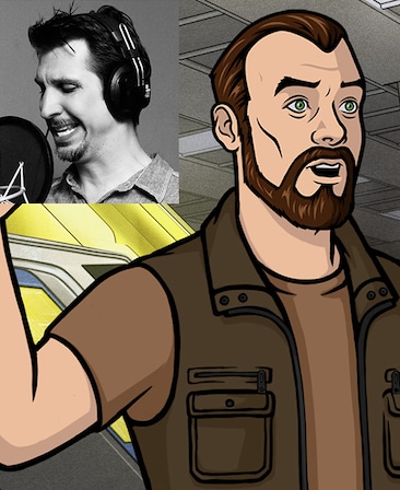 Krieger in brown vest and brown t shirt with arm raised with black and white headshot of Lucky Yates in upper left